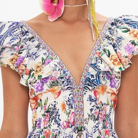 CAMILLA "Dutch Is Life" Tiered Frill Cotton V-Neck Open Back Maxi Dress, L $899 - Picture 9 of 16